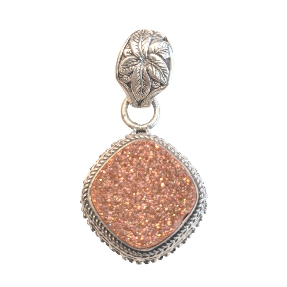 Sarda‎ 925 Sterling Silver Orange Druzy Quartz Cushion Pendant Bali Filigree